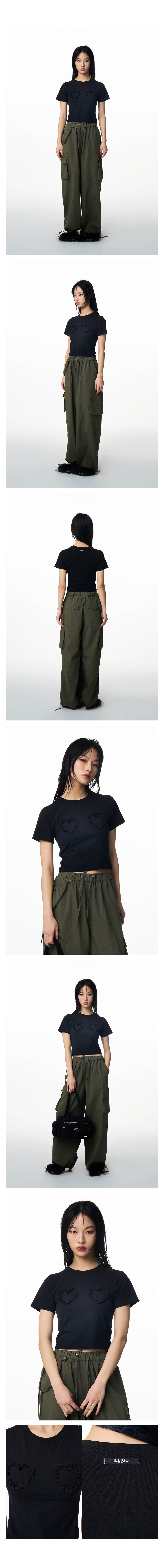Heart Lace Fit Crop T-shirt Black