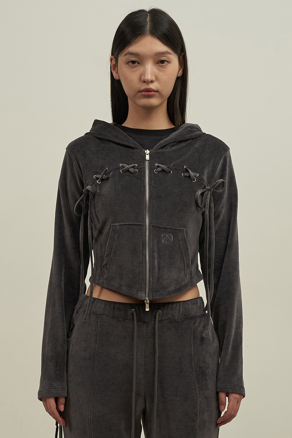 Veloa Lace Up Hooded Zip-Up Charcoal