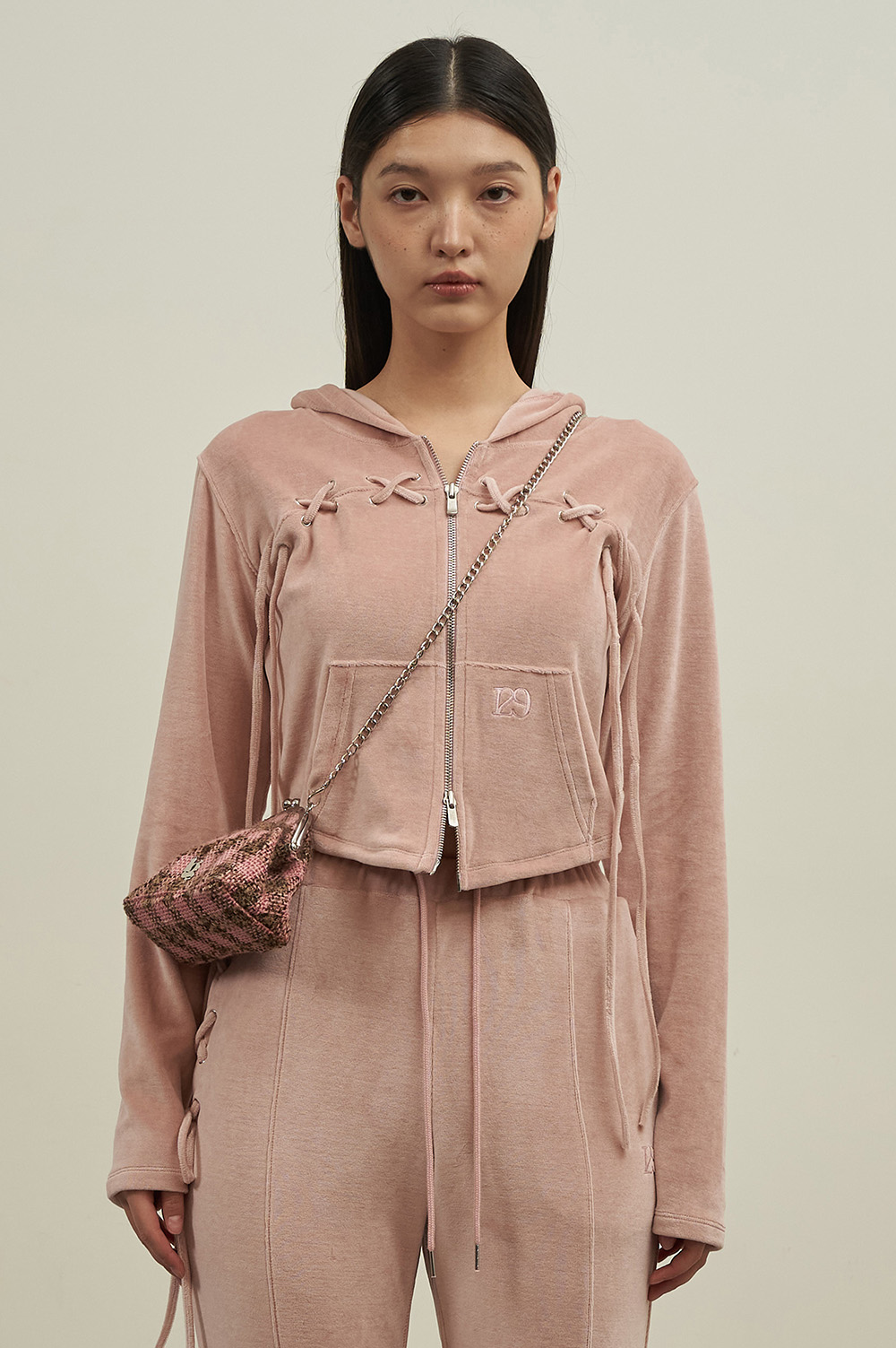 Veloa Lace Up Hooded Zip-Up Pink