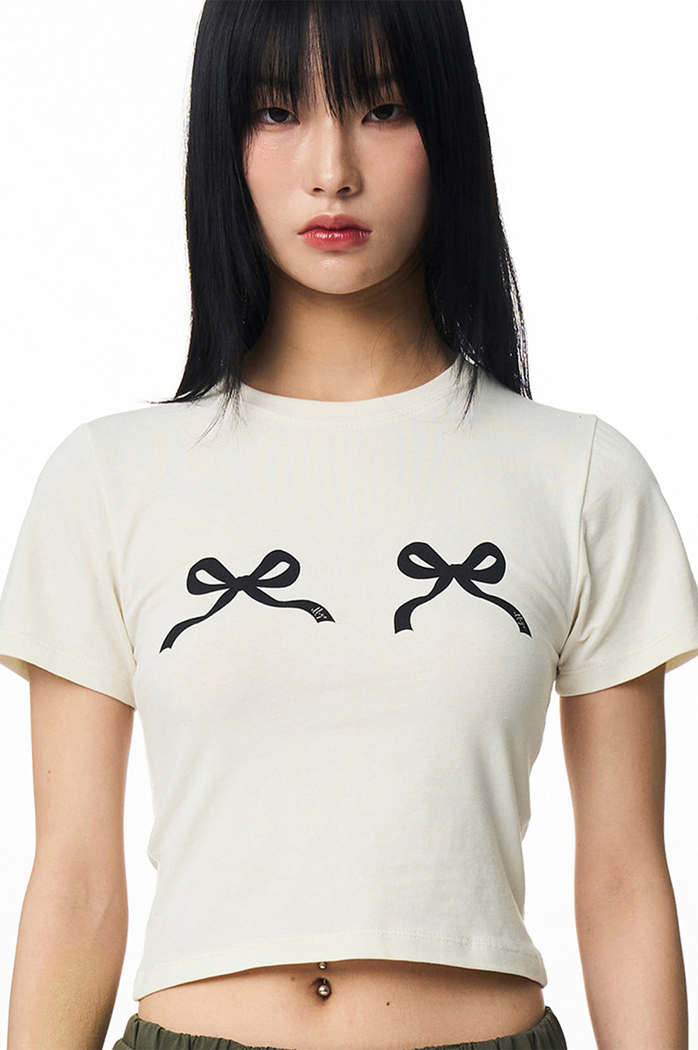 ribbon fitted T-shirt ivory