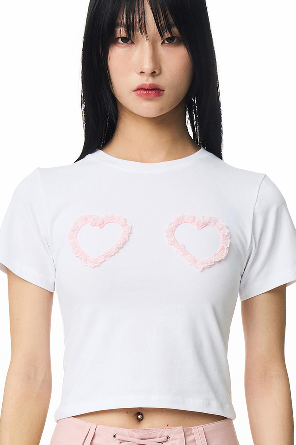 heart lace fit cropped T-shirt pink
