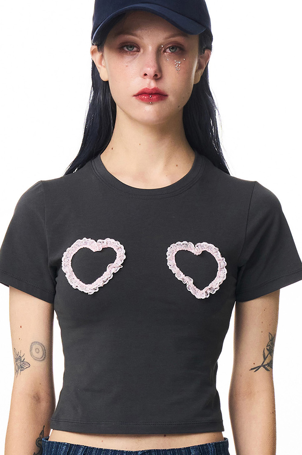 Heart Lace Fit Crop T-Shirt Charcoal