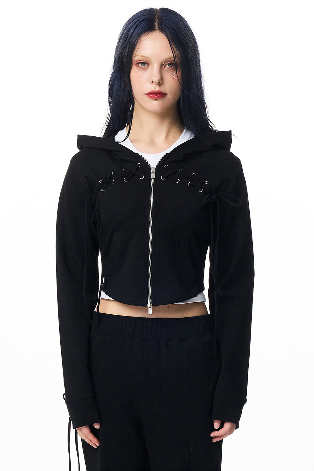 Eyelet Lace-Up Hooded Zip-Up Black