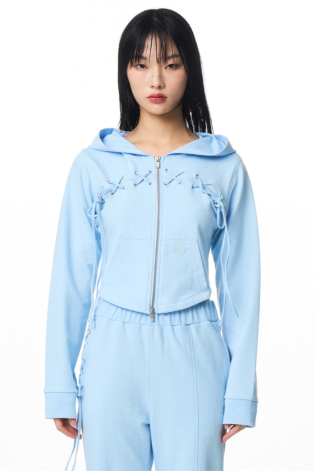 Eyelet Lace Up Hooded Zip-Up Light Blue