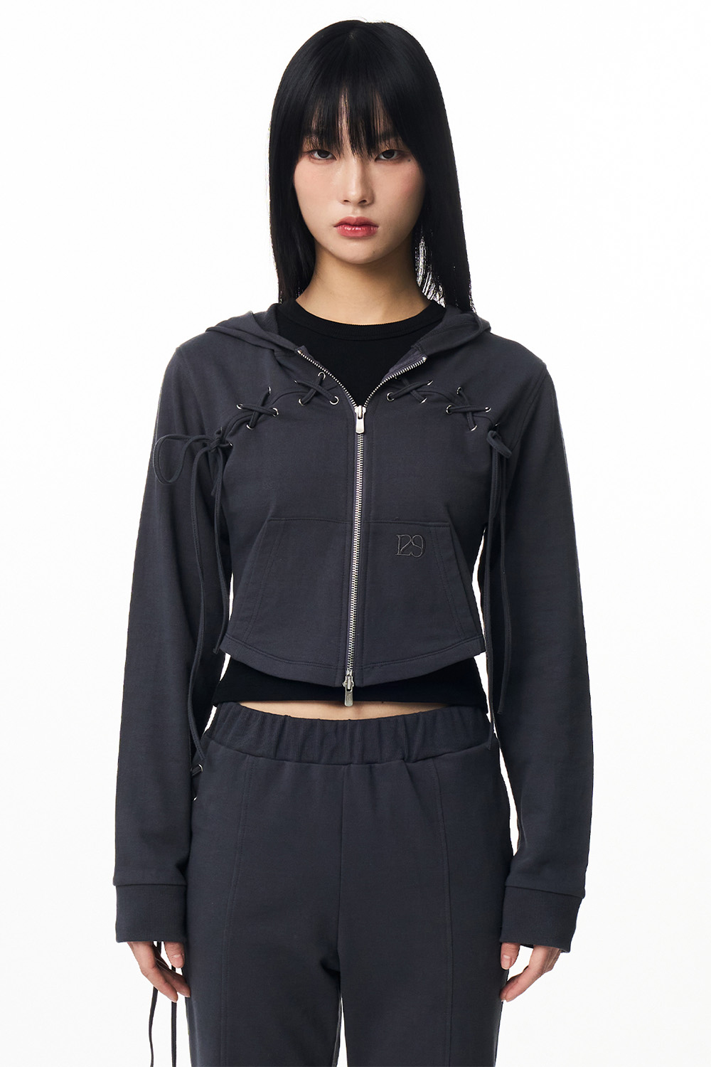 Eyelet Lace Up Hood Zip-Up Charcoal